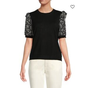 Adrianna Papell Black Floral Puff Sleeve Sweater‎ Top Womens XL